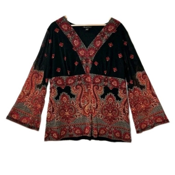 INC International Concepts Tops - Vtg INC Babydoll Top Black Paisley Mesh Bell Sleeve Y2K Whimsigoth Fairy Boho 2X